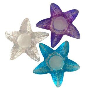 Coastal Starfish 3 Glass Candle Holders Purple Teal Clear Votive‎ Nautical